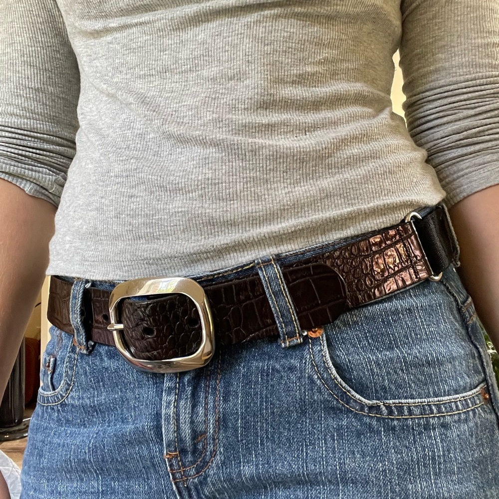 reflective black crocodile belt with silver buckle